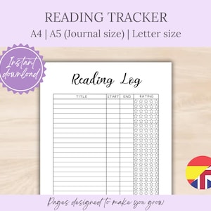 Puede incluir: Un registro de lectura blanco con el título "Reading Log" en una fuente manuscrita. El registro incluye secciones para el título, el inicio, el final y la calificación. También se ve el texto "READING TRACKER" y "Pages designed to make you grow".