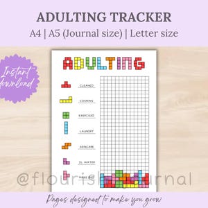 Puede incluir: Un Adulting Tracker imprimible con el título en letras pixeladas de colores. El rastreador incluye secciones para limpiar, cocinar, hacer ejercicio, lavar la ropa, el cuidado de la piel, la ingesta de agua y hacer la cama. El texto "Descarga instantánea" está en una estrella morada.