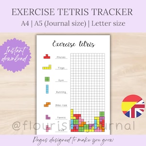 Peut inclure: Un suivi d'exercices blanc avec le texte "Exercise Tetris" et une grille pour suivre les entraînements. Le suivi comprend des blocs colorés de style Tetris et des catégories d'exercices comme Pilates, Yoga et Running. Le texte "Instant download" est également visible.