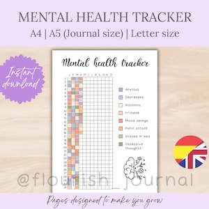 Puede incluir: Un rastreador de salud mental imprimible con el título "Mental Health Tracker" y el texto "A4 | A5 (Journal size) | Letter size". El rastreador incluye una cuadrícula para rastrear estados de ánimo, con una leyenda codificada por colores. Las palabras "Instant download" también son visibles.