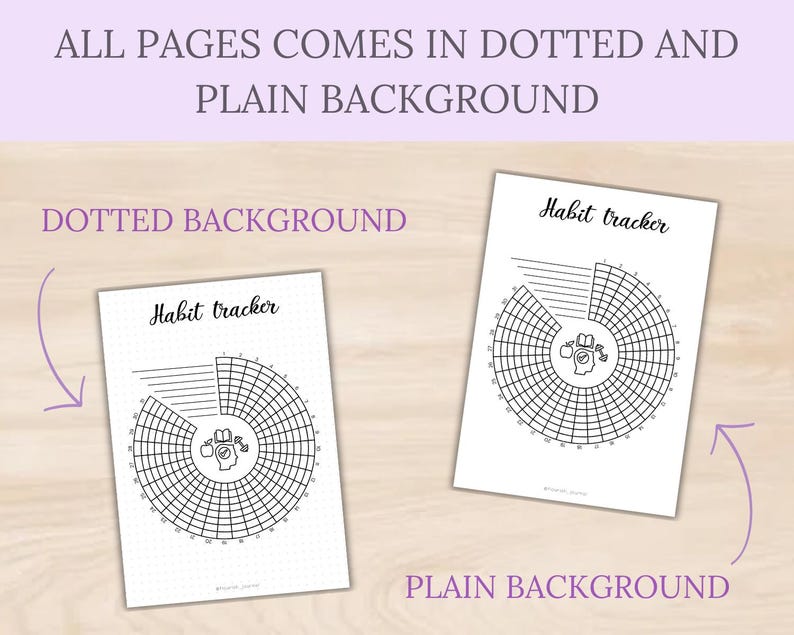 Op de afbeelding: Twee witte habit tracker pagina's worden getoond, &eacute;&eacute;n met een gestippelde achtergrond en &eacute;&eacute;n met een effen achtergrond. De tekst "Habit tracker" staat bovenaan elke pagina. De tekst "ALL PAGES COMES IN DOTTED AND PLAIN BACKGROUND" is ook opgenomen.