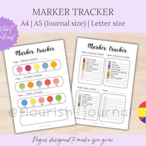 Puede incluir: Dos páginas imprimibles blancas de seguimiento de marcadores con rastreadores de estado de ánimo, estado físico y hábitos coloridos. Las páginas incluyen el texto "Marker Tracker" y "Descarga instantánea".