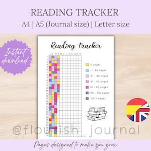 Puede incluir: Un rastreador de lectura imprimible con el título "Reading Tracker" y el texto "A4 | A5 (Journal size) | Letter size". El rastreador incluye una cuadrícula para rastrear las páginas leídas, codificadas por color por recuento de páginas, y el texto "Instant download".