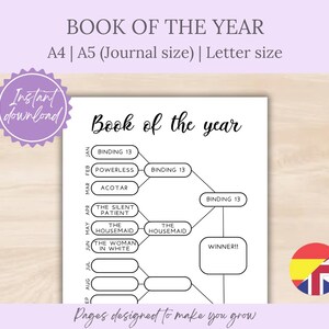 May include: A white journal page with the title "Book of the Year" in a handwritten font. The page includes a flow chart with book titles and a box for "Winner!!". A purple circle with "Instant download" is visible. The size is A4, A5, or Letter.