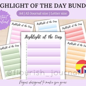 Puede incluir: Un conjunto de páginas de diario diarias imprimibles con el texto "Highlight of the Day". Las páginas presentan líneas horizontales en varios colores pastel, incluyendo rosa, azul, verde y naranja. También se ve el texto "Instant download".