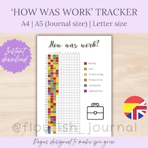 Puede incluir: Un rastreador de trabajo imprimible con el texto "How was work?" y una cuadrícula para el seguimiento diario del estado de ánimo. El rastreador incluye categorías codificadas por colores como "Bored", "Fun" y "Stressful".
