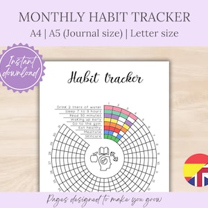 Op de afbeelding: Een witte habit tracker met een cirkelvormig ontwerp, met een lijst met gewoonten en een ruimte om ze bij te houden. De tekst "MONTHLY HABIT TRACKER" staat bovenaan, met "Instant download" in een paarse cirkel. Inclusief A4, A5 en Letter formaten.