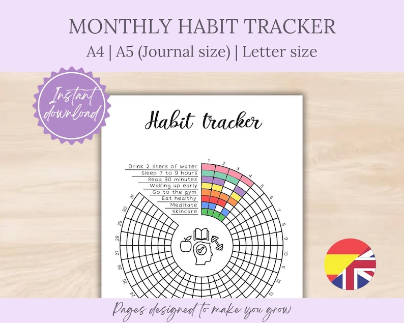 Op de afbeelding: Een witte habit tracker met een cirkelvormig ontwerp, met een lijst met gewoonten en een ruimte om ze bij te houden. De tekst "MONTHLY HABIT TRACKER" staat bovenaan, met "Instant download" in een paarse cirkel. Inclusief A4, A5 en Letter formaten.