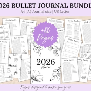 Puede incluir: Un paquete de bullet journal 2026 con más de 100 páginas en tamaños A4, A5 y US Letter. La colección incluye varias plantillas imprimibles en blanco y negro como un rastreador de ansiedad, clima, limpieza y una portada de planificador 2026.