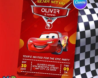 Invito per la festa di compleanno a tema Saetta McQueen e Cars, biglietto di auguri modificabile per la festa a tema auto da corsa (download digitale)