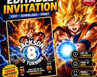 Invito di compleanno a tema Dragon Ball Z: invito per bambini e ragazzi con stregoni in stile anime (download digitale)
