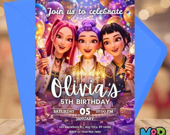 Invito di compleanno a tema cacciatore di demoni K-pop, biglietto di compleanno a tema anime per bambini, download digitale