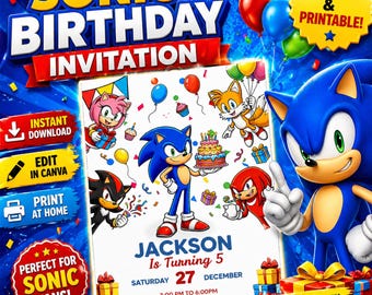 Invito di compleanno a tema Sonic - Festa del Super Riccio - Modello Canva modificabile (Download immediato)
