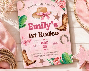 Invito per il primo compleanno a tema cowgirl rosa, festa western a tema cowboy, invito di compleanno a tema rodeo rosa (download digitale)