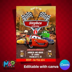 Cars Birthday Invitation Template Editable Cars Party Invitation Lightning McQueen Birthday Evite Canva Template for Kids Digital Invitation