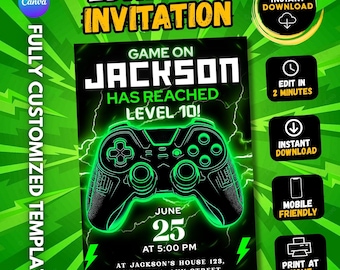 Invito per festa di compleanno a tema videogiochi, modello Canva modificabile a tema gamer verde (download digitale)
