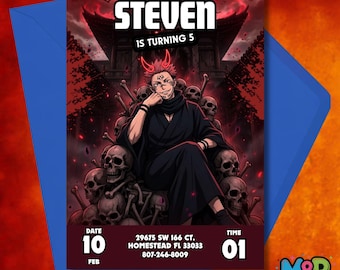 Invito di compleanno a tema Jujutsu Kaisen, modello Canva in stile anime (download digitale)