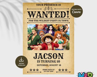 Invito di compleanno a tema One Piece, festa a tema pirati anime, modello modificabile