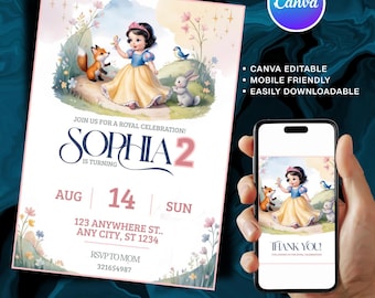 Invito di compleanno modificabile - Modello stampabile per il compleanno di Biancaneve - Edizione per bambini - Download digitale
