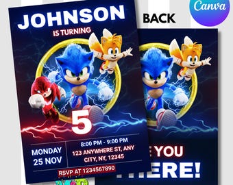 Invito di compleanno di Sonic, festa per ragazzi, modello Canva modificabile (download digitale)