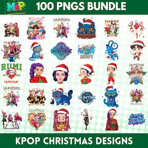 Puede incluir: Una colección de diseños navideños K-Pop en formato PNG. La imagen presenta varias ilustraciones de ídolos del K-Pop y personajes de dibujos animados con gorros de Papá Noel. El texto incluye "100 PNGS BUNDLE" y "KPOP CHRISTMAS DESIGNS".