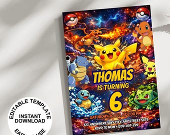 Invito di compleanno Pokémon Pikachu - Biglietto di auguri stampabile per la festa - Invito di compleanno Pokeball per bambini (Download digitale)