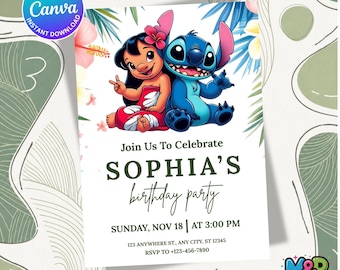 Invito di compleanno di Lilo e Stitch – Modello Canva modificabile (download digitale)