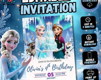 Invito di compleanno a tema Frozen modificabile - Biglietto di auguri stampabile a tema Elsa e Anna (Download digitale)