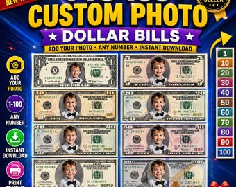 Modello di banconota da un dollaro personalizzato, la tua faccia sui soldi, denaro di scena (download digitale)