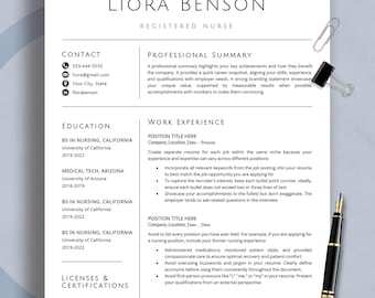 May include: A professional resume template with the name "LIORA BENSON, REGISTERED NURSE" at the top. The resume includes sections for contact information, professional summary, education, work experience, and licenses. A black pen and paper clips are on the right side.