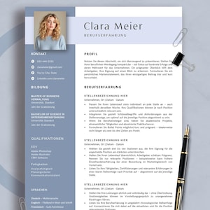 May include: A professional resume template with a photo of a woman, titled "Clara Meier". The resume features sections for contact information, education, qualifications, and languages. A pen and paperclips are on the side.