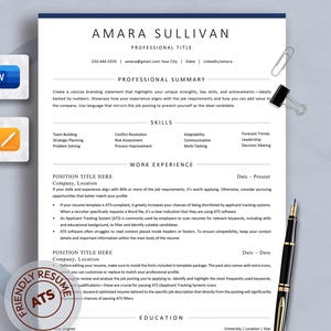 May include: A professional resume template with a clean, modern design. The resume includes sections for professional summary, skills, work experience, and education. A pen, paperclip, and software icons are included.