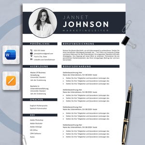 May include: A professional resume template with a headshot, name, and job title. The resume includes sections for personal details, education, skills, and work experience. A black and gold pen, paper clips, and software icons are also visible.