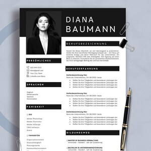 May include: A monochrome resume template with the name Diana Baumann at the top. The document includes sections for personal details, skills, and work history. A black pen and paper clips are placed on the side.