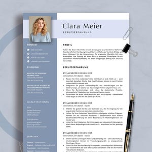 May include: A professional resume template with a photo of a woman, titled "Clara Meier". The resume features sections for contact information, education, qualifications, and languages. A pen and paperclips are on the side.