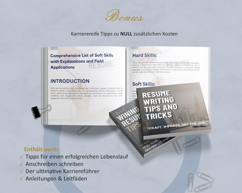 Puede incluir: Un libro abierto y dos libros m&aacute;s peque&ntilde;os con el t&iacute;tulo "Resume Writing Tips and Tricks" se muestran. El libro abierto tiene el t&iacute;tulo "Comprehensive List of Soft Skills". La imagen tambi&eacute;n incluye clips y texto en alem&aacute;n.