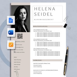 Puede incluir: Una plantilla de curr&iacute;culum vitae profesional con el nombre "Helena Seidel" y el t&iacute;tulo "B&uuml;romanagement" en la parte superior. El curr&iacute;culum incluye secciones para Berufserfahrung, Ausbildung y EDV. Una foto en blanco y negro de una mujer est&aacute; a la izquierda.