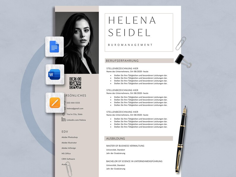 Puede incluir: Una plantilla de curr&iacute;culum vitae profesional con el nombre "Helena Seidel" y el t&iacute;tulo "B&uuml;romanagement" en la parte superior. El curr&iacute;culum incluye secciones para Berufserfahrung, Ausbildung y EDV. Una foto en blanco y negro de una mujer est&aacute; a la izquierda.