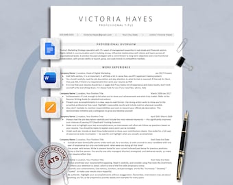 May include: A resume template with the name "Victoria Hayes" at the top. The document includes sections for professional overview, work experience, and contact information. A pen, paperclips, and document icons are visible.