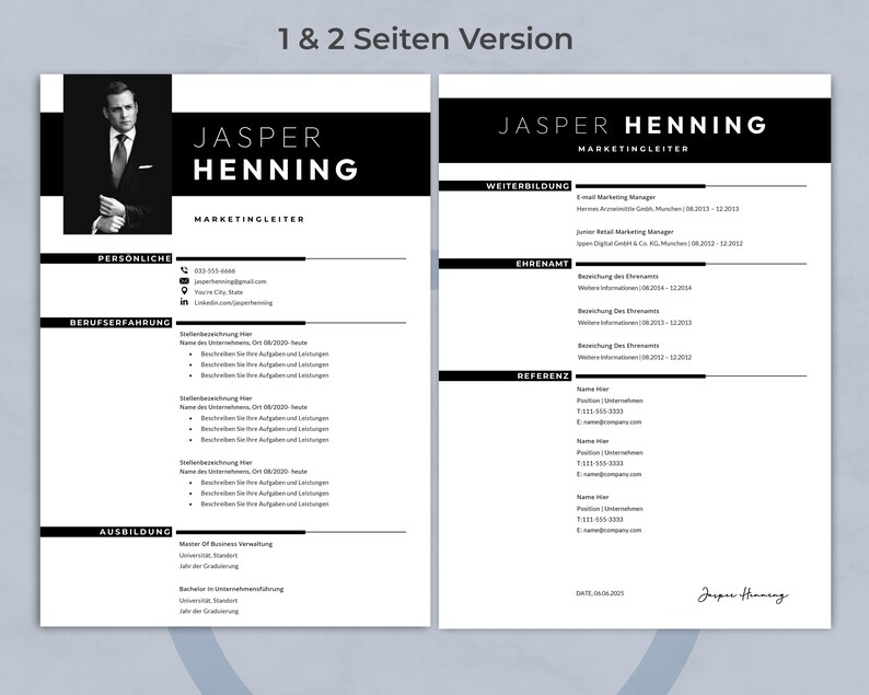 Bewerbungsvorlage Marketingleiter deutsch 1 & 2 Seiten Version,