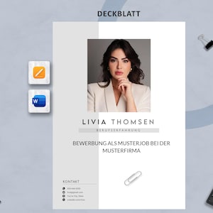 Puede incluir: Una plantilla de currículum vitae con una foto de Livia Thomsen. El documento presenta el texto "DECKBLATT" en la parte superior, con secciones para "BERUFSERFAHRUNG" e información de contacto. Incluye iconos de software de edición y un clip.