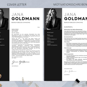 K&ouml;nnte beinhalten: Schwarz-wei&szlig; Lebenslauf-Vorlage mit dem Namen "Jana Goldmann" in fetter Schrift. Das Dokument enth&auml;lt Abschnitte f&uuml;r Kontaktinformationen, ein Anschreiben und ein Motivationsschreiben. Modernes und professionelles Design.