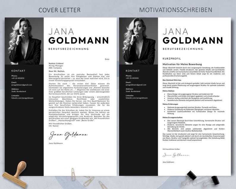 K&ouml;nnte beinhalten: Schwarz-wei&szlig; Lebenslauf-Vorlage mit dem Namen "Jana Goldmann" in fetter Schrift. Das Dokument enth&auml;lt Abschnitte f&uuml;r Kontaktinformationen, ein Anschreiben und ein Motivationsschreiben. Modernes und professionelles Design.