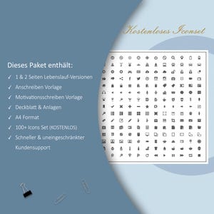 May include: A digital graphic with the text "Kostenloses Iconset" and a list of included items. The list includes resume versions, cover letter templates, and over 100 icons. The background is a gradient of blue and white.