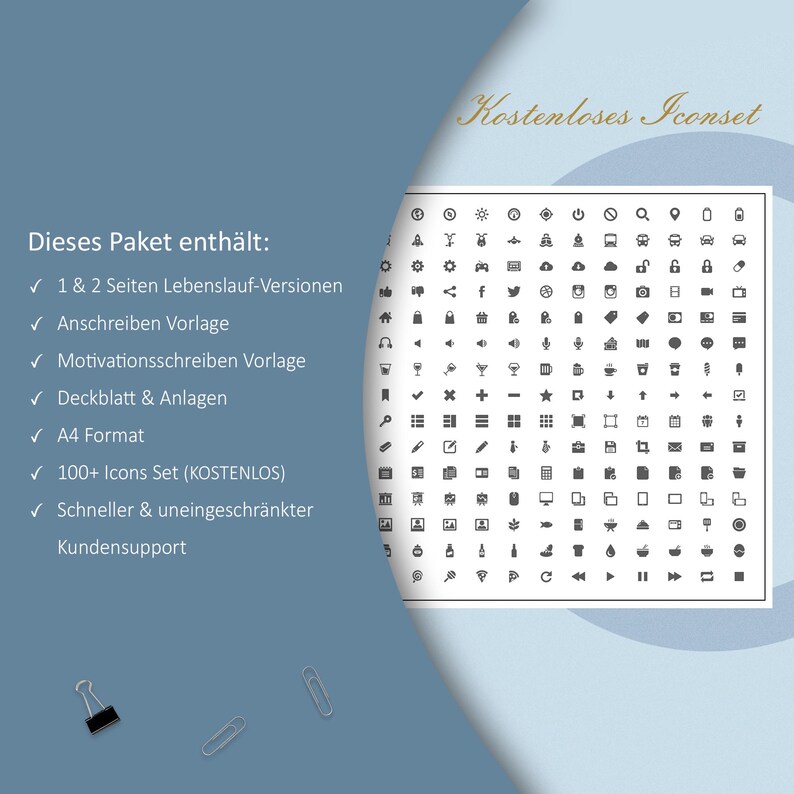 May include: A digital graphic with the text "Kostenloses Iconset" and a list of included items. The list includes resume versions, cover letter templates, and over 100 icons. The background is a gradient of blue and white.