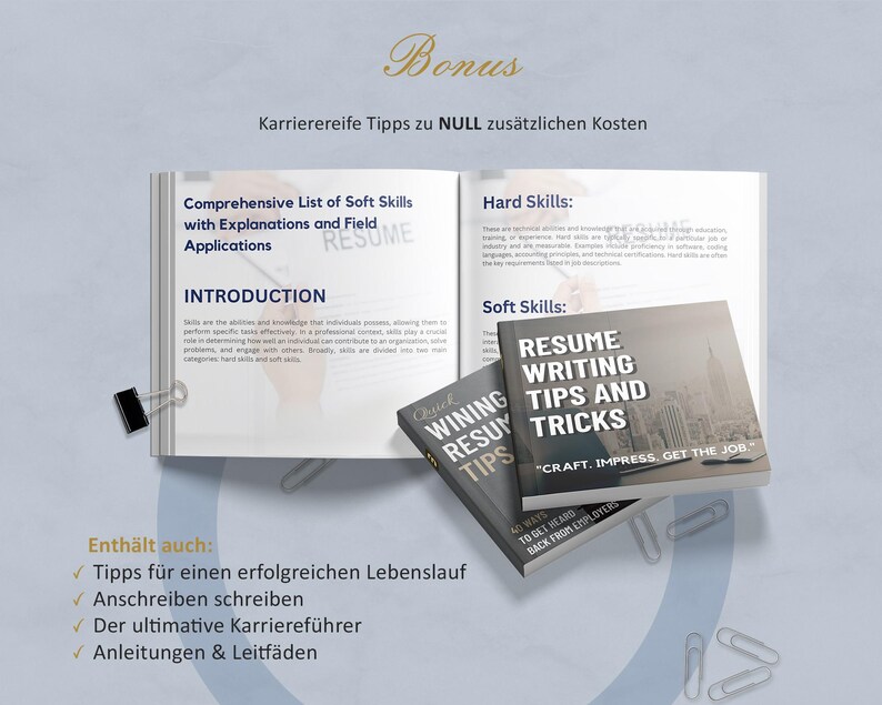 May include: An open book with text about soft skills and resume writing tips. Two small books titled "Resume Writing Tips and Tricks" and "Quick Wining Resume Tips" are next to the open book. Paper clips and a black binder clip are also visible.