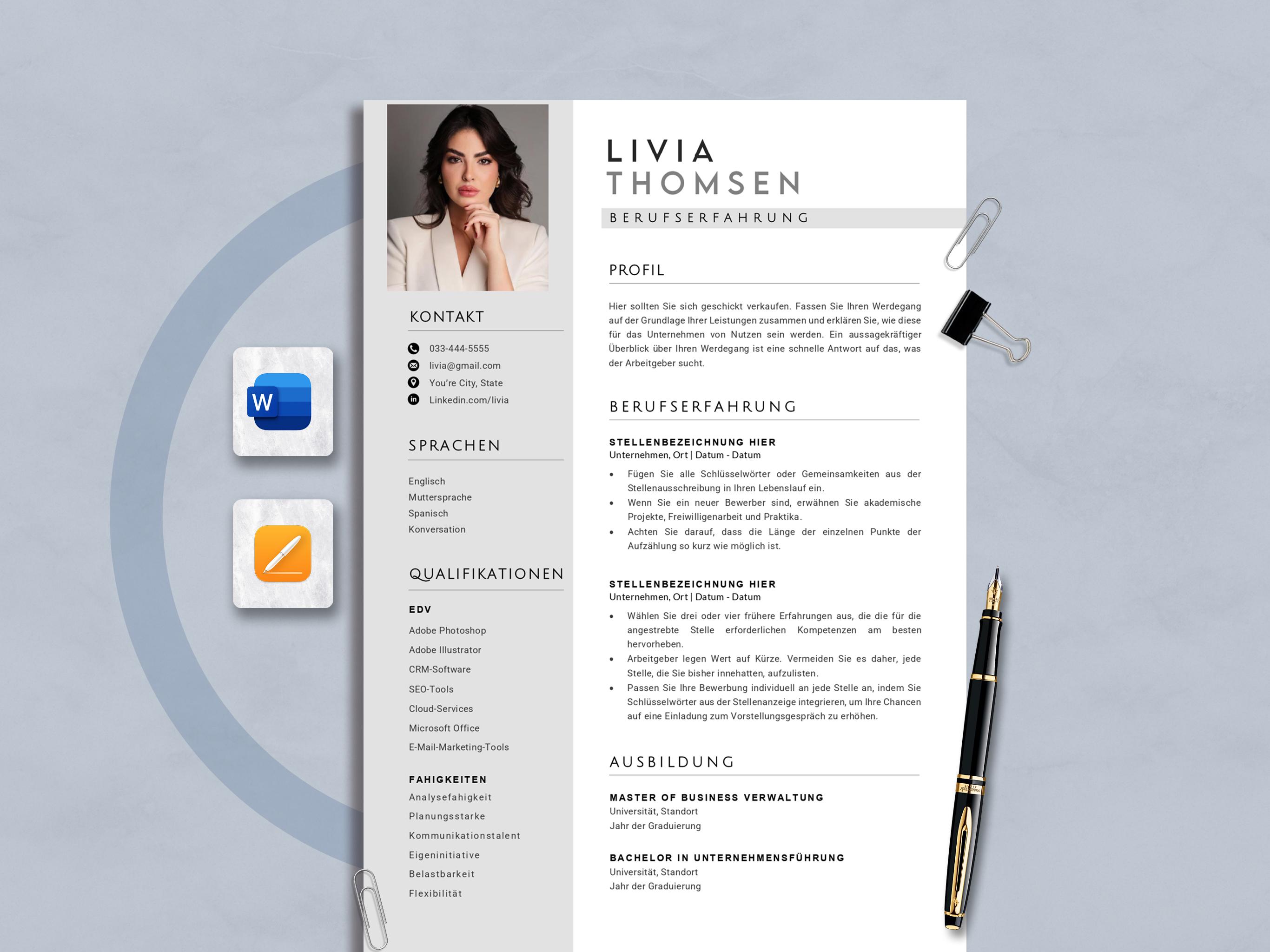 German CV Template Word: Modern Resume Design, Cover Letter (A4 Instant ...