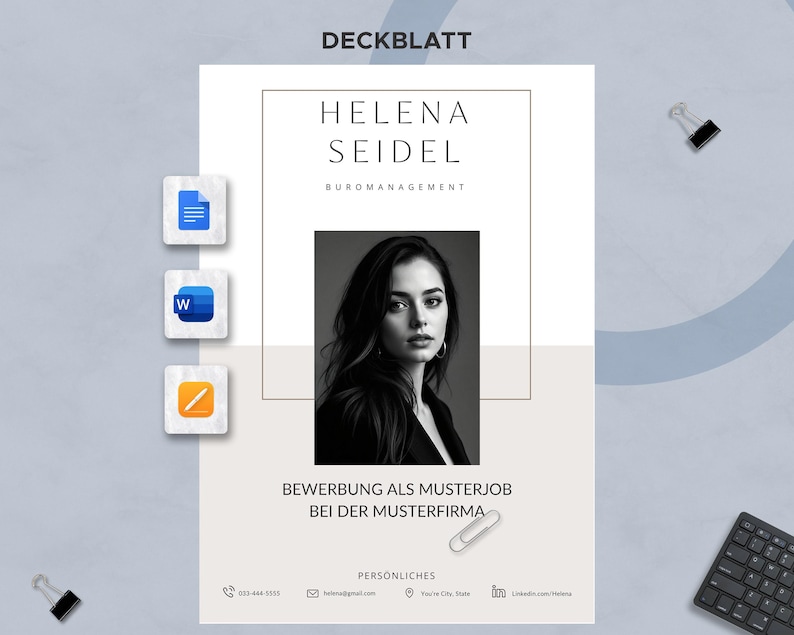 Puede incluir: Una plantilla de curr&iacute;culum vitae con el nombre "Helena Seidel" y el t&iacute;tulo "B&uuml;romanagement" en un dise&ntilde;o moderno. El curr&iacute;culum incluye un retrato en blanco y negro, iconos de documentos e informaci&oacute;n de contacto. El texto "Deckblatt" est&aacute; en la parte superior.