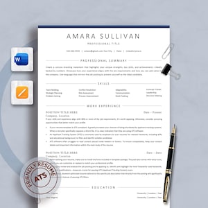 May include: A professional CV template with a clean, modern design. The CV includes sections for professional summary, skills, work experience, and education. A pen, paperclip, and software icons are included.