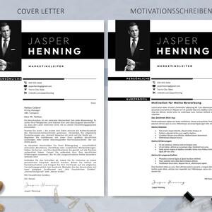 May include: A monochrome resume template featuring "Jasper Henning" and the job title "Marketingleiter". The design includes a photograph, contact details, and sections for personal information and a cover letter.